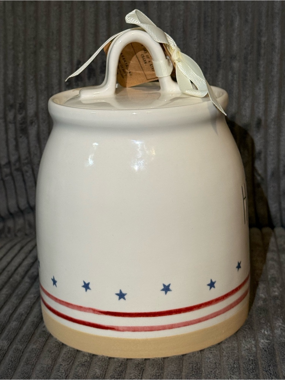 Rae Dunn White Ceramic Canister with Red Stripes & Blue Stars- HOMEMADE- NWT - Picture 3 of 7